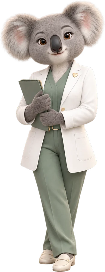 Koalla de jaleco branco sobre uniforme verde, segurando uma prancheta — mascote do koallalabs