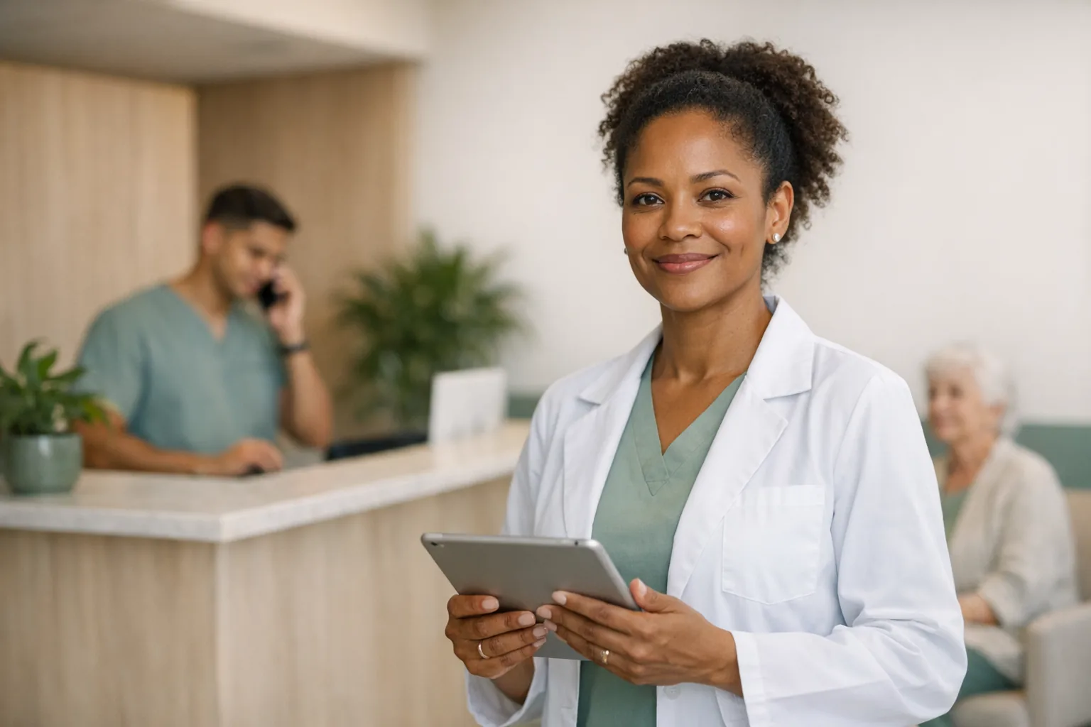 Médica de jaleco branco sobre uniforme verde segura um tablet na recepção de uma clínica; ao fundo, um recepcionista atende ao telefone e uma paciente aguarda