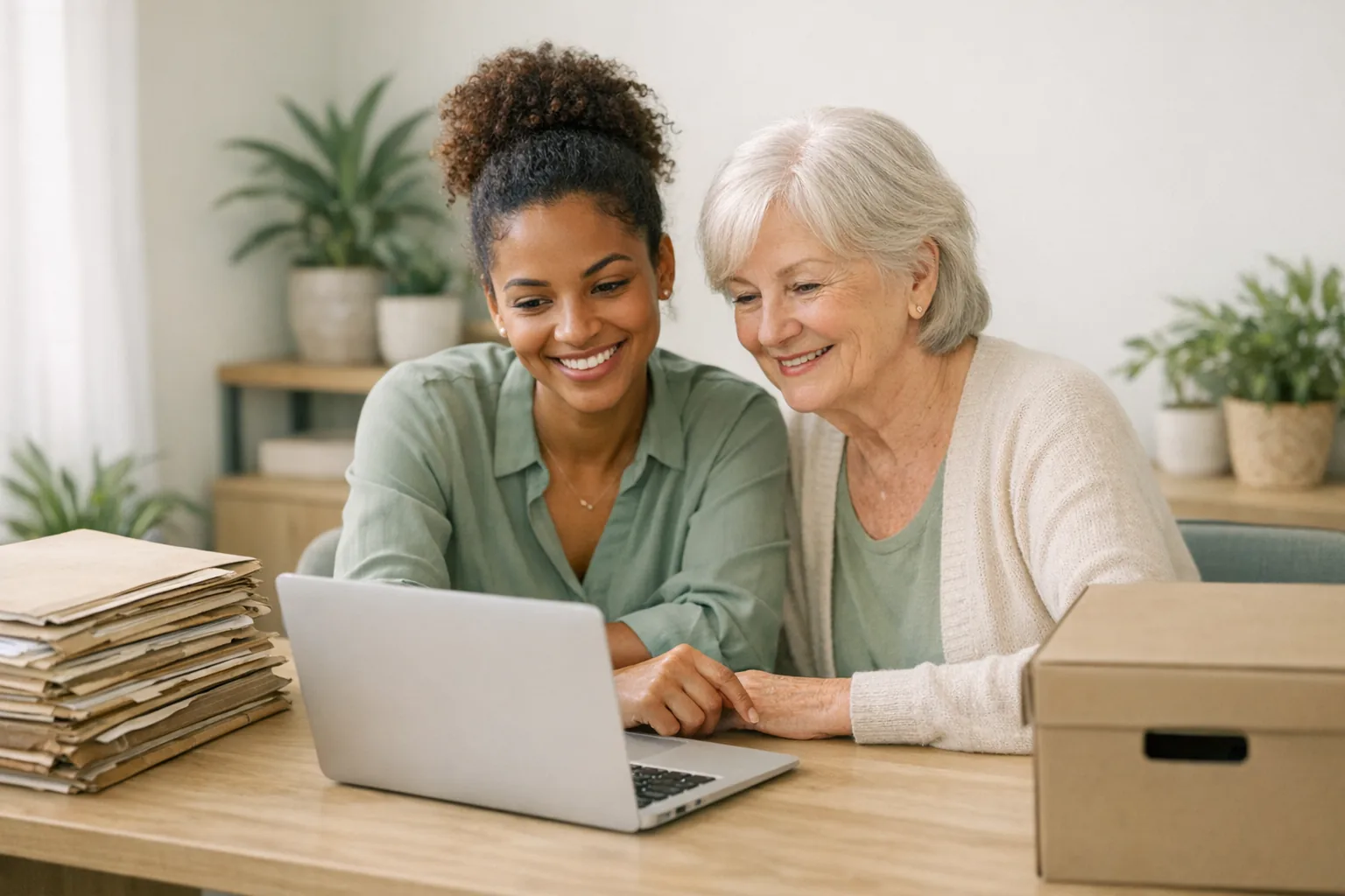 Duas mulheres olham juntas a tela de um notebook; ao lado, uma pilha de pastas de papel e uma caixa de arquivo