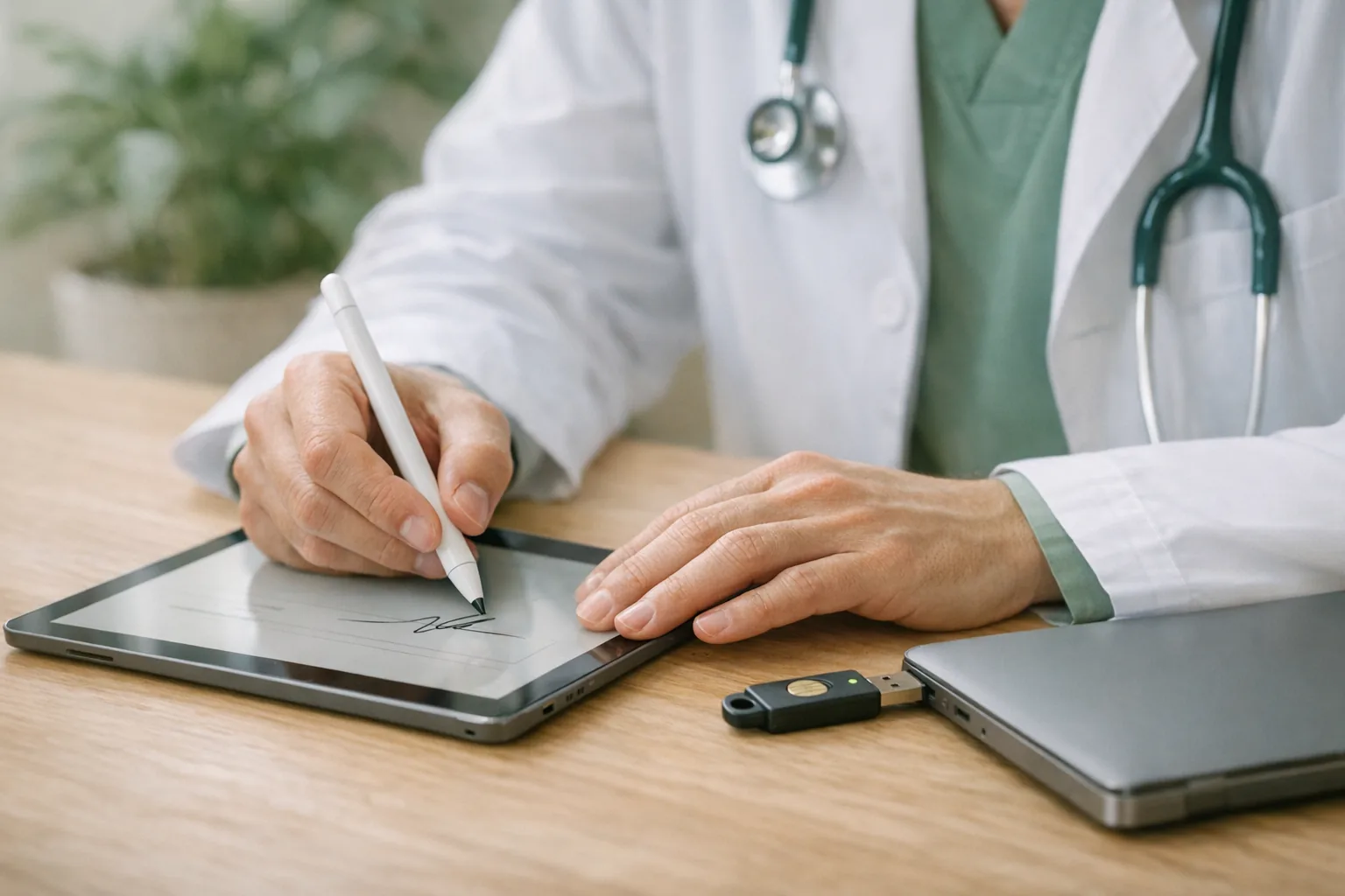 Mãos de um médico assinando digitalmente em um tablet com caneta, ao lado de um token de certificado digital conectado a um notebook