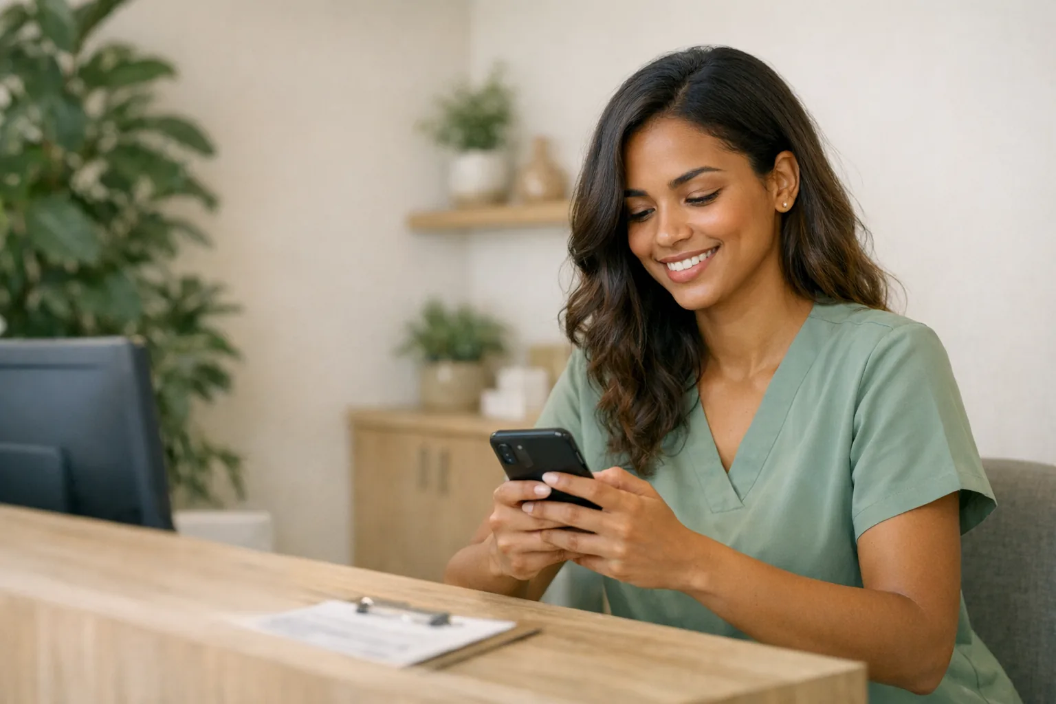 Recepcionista de uniforme verde sorri enquanto responde uma mensagem no celular, no balcão da recepção